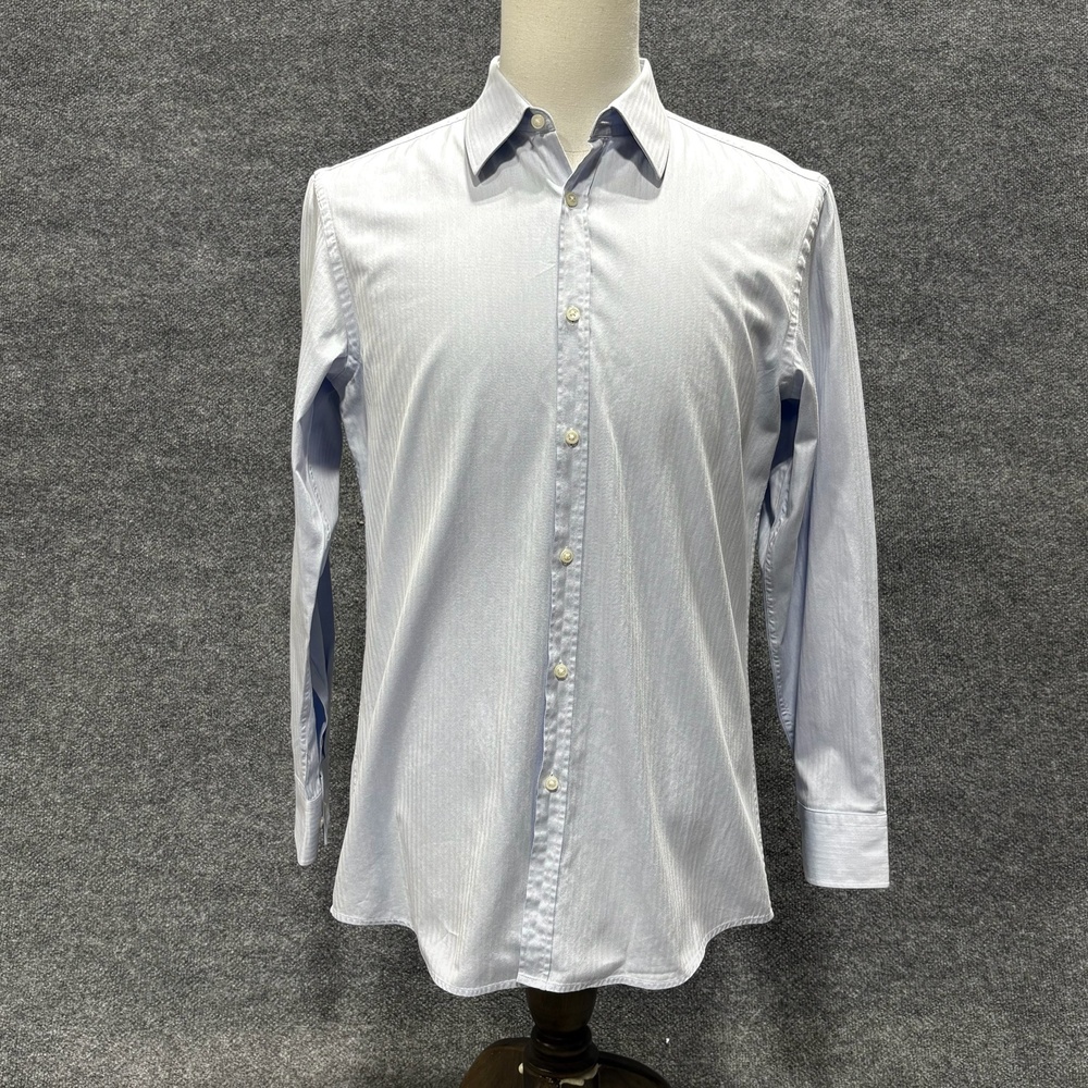 Hugo Boss Shirt Mens 15.5 32/33 Blue Herringbone Slim Fit Long Sleeve Dress